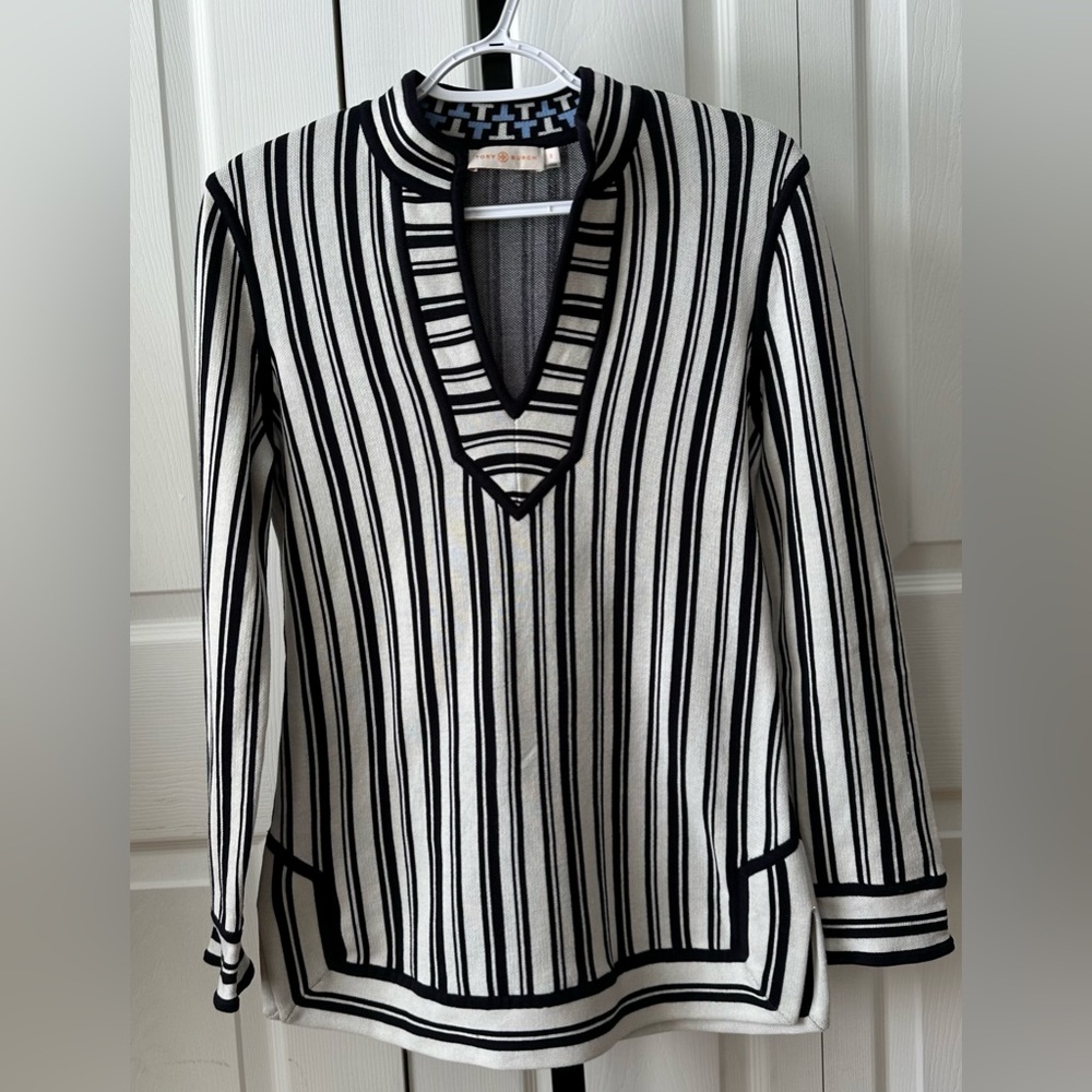 Tory Burch Black and Ivory Cotton Striped Knit Tunic - Picture 5 of 14